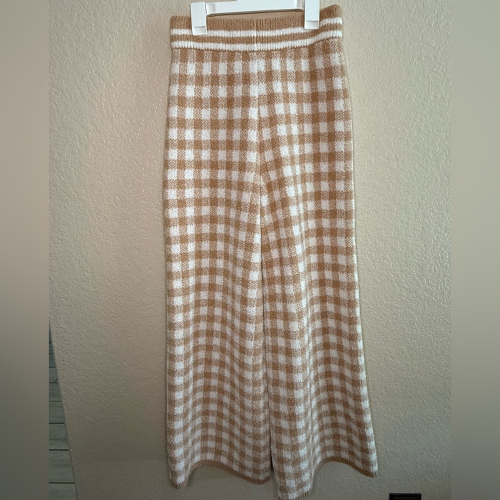 Happily Grey Checkered Wide-Leg Pants in Tan and White